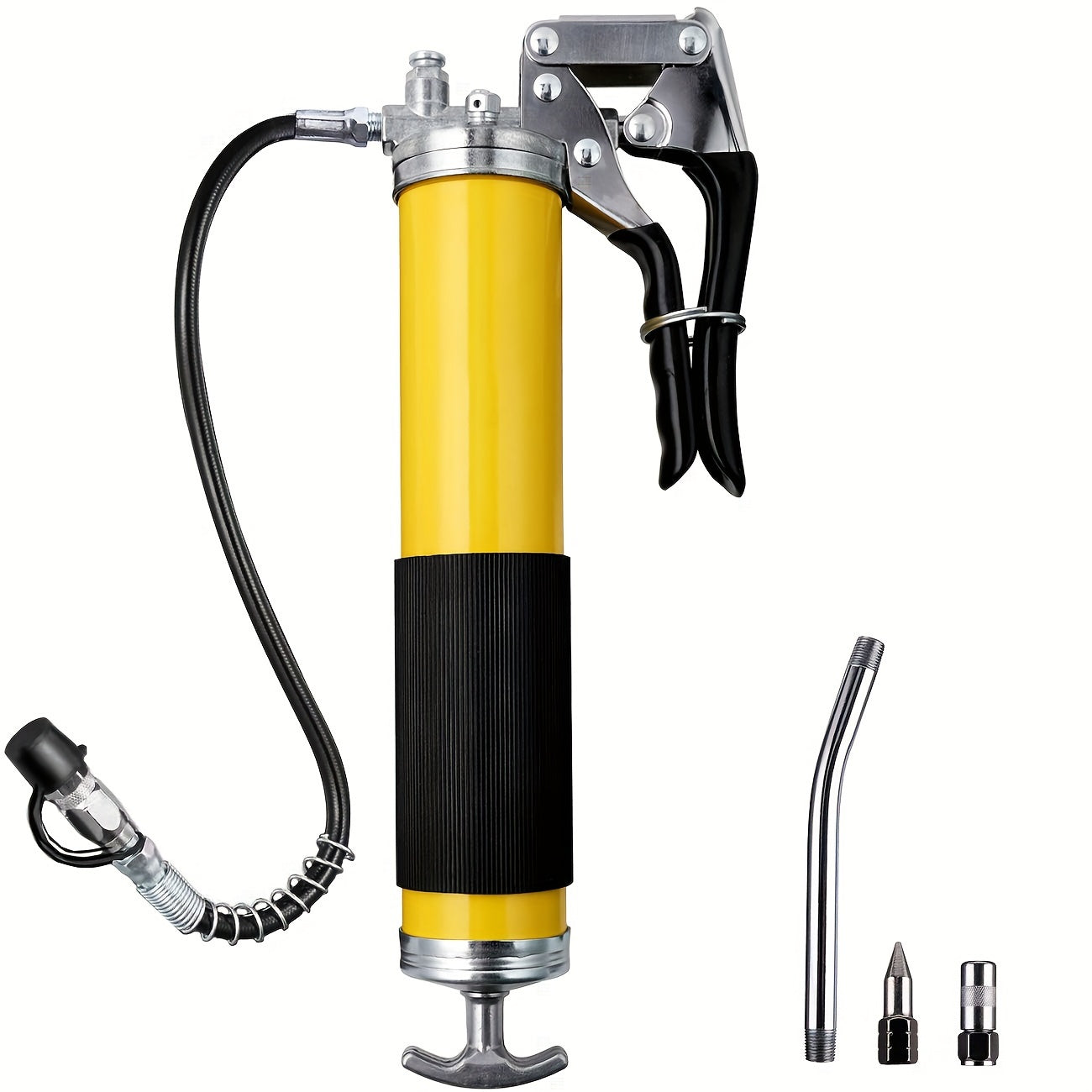 8000 PSI Pistol Grip Oil Gun Kit with 14 oz load, 45.72 cm hose, 2 connectors, 2 extension tubes, and 1 sharp nozzle.