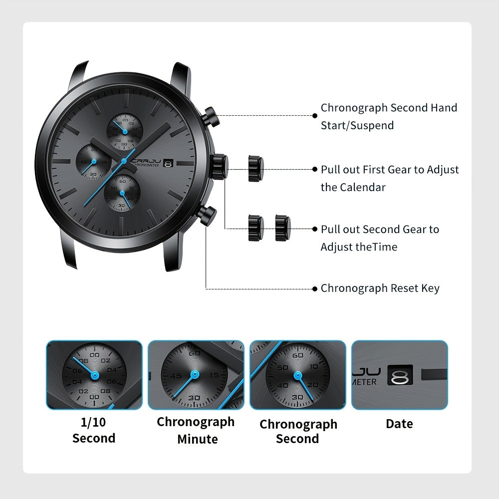 CRRJU Роскошные мужские кварцевые хронографы из нержавеющей стали с аналоговым дисплеем в деловом стиле.