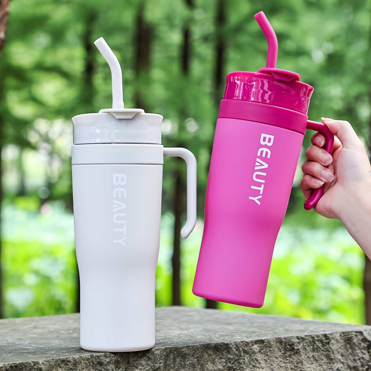 The BEAUTY Portable Water Bottle with Straw is large, lightweight, and suitable for hiking. It is made of plastic and has a round shape, and should be hand washed.