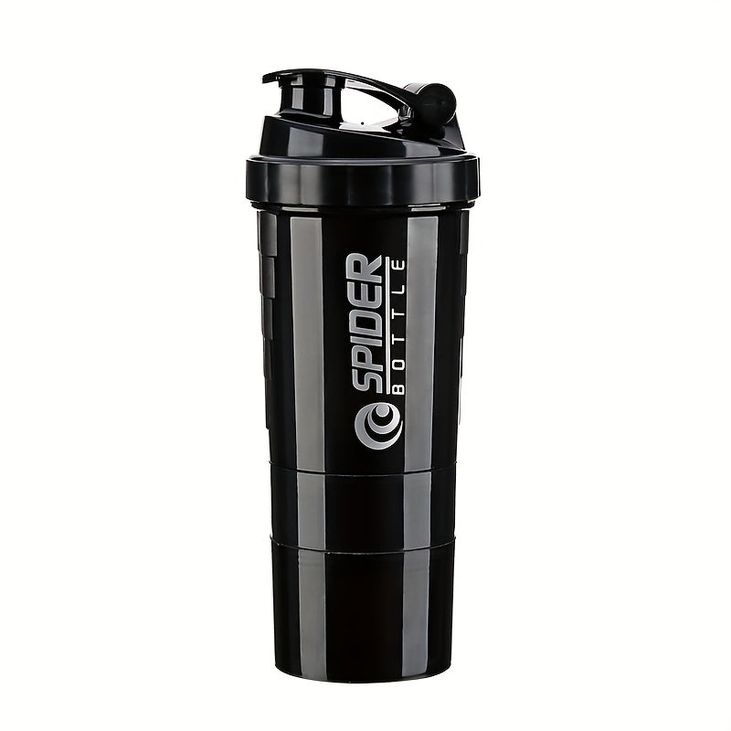 16oz sports water bottle with non-slip three-layer design, twistable mixer for protein powder, leak-proof, and storage for shaking.