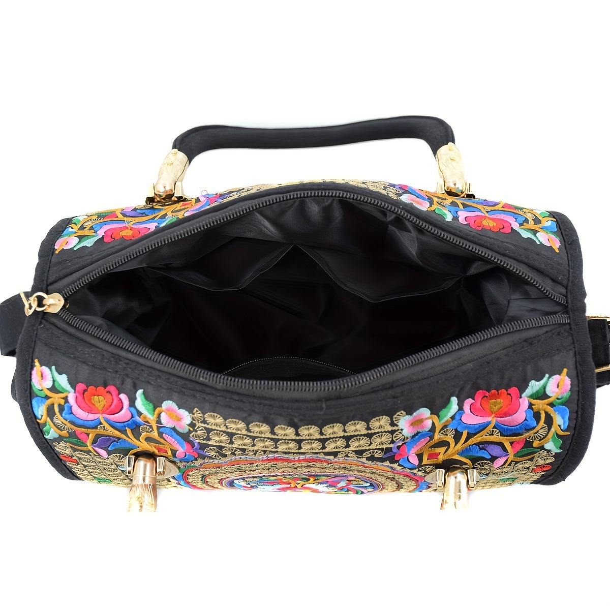 Vintage embroidered Boston bag with retro bohemian tote style for women.