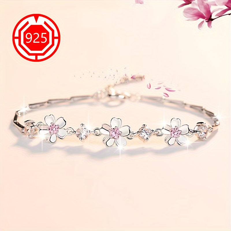 925 Sterling Silver Cherry Blossom Bracelet with 18K Gold Plating, Hypoallergenic and Elegant Floral Design - Ideal Gift for Girlfriend, Best Friend, Wedding, or Holidays. Lightweight at 4g, comes with Gift Box for All Seasons.