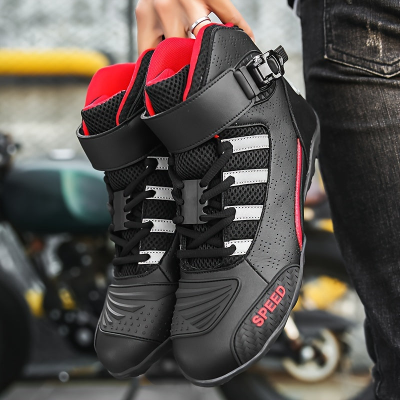 Men's motorcycle riding boots for off-road motorcycles. Ankle high PU leather shoes with protective gear and adjustable strap. Perforated breathable design.