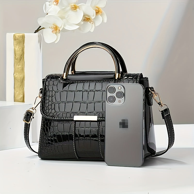 Stylish black crocodile pattern crossbody bag for women with magnetic closure and simple solid color design.