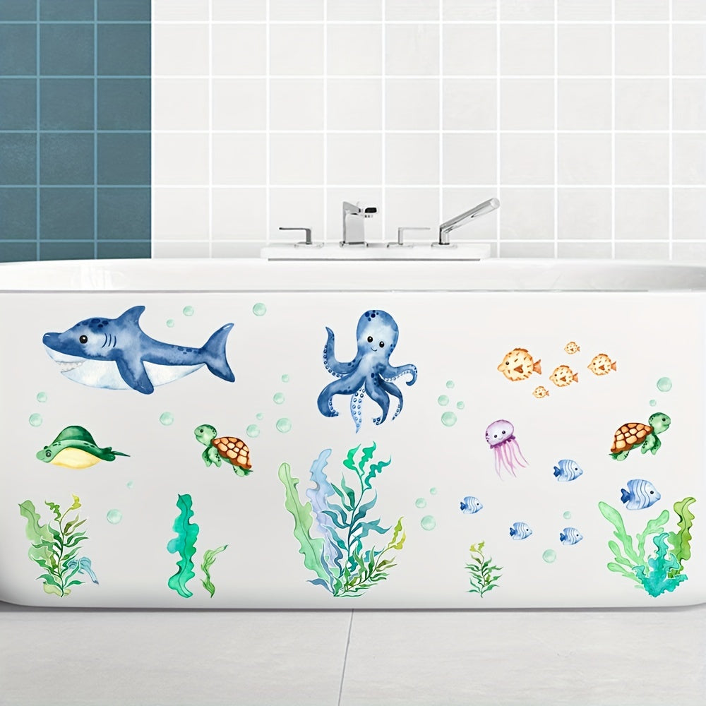 6 waterproof bathtub stickers featuring shark, seaweed, and octopus patterns to prevent slipping.