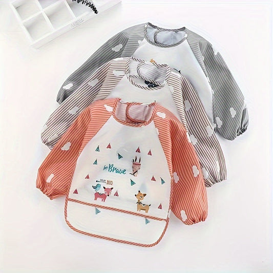 Waterproof, Cartoon-Print Long-Sleeved Feeding Bib - Perfect Gift for Christmas, Halloween, Thanksgiving, New Year's, Valentine's Day, or Easter!