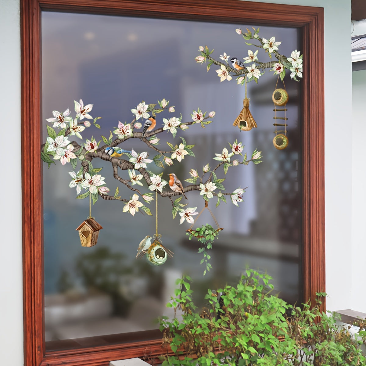 Wall Sticker for Home Decor - Double-Sided Glass Window Decal with Contemporary Bird & Floral Design, Electrostatic PVC