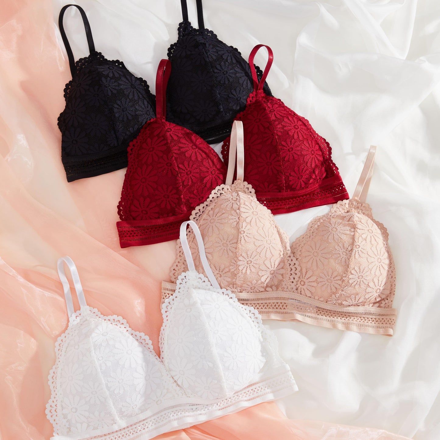 4 wireless bras with contrast lace, scalloped trim, and comfortable design for women's lingerie and underwear.