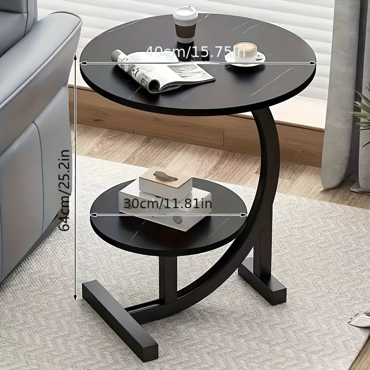 Stylish double-layer coffee table with metal legs for various spaces, featuring durable wood top in deep brown, white, or black. Ideal for living rooms, offices, or balconies.