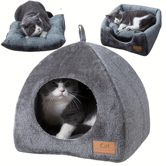 Foldable cozy cat cave bed with plush cushion pad.