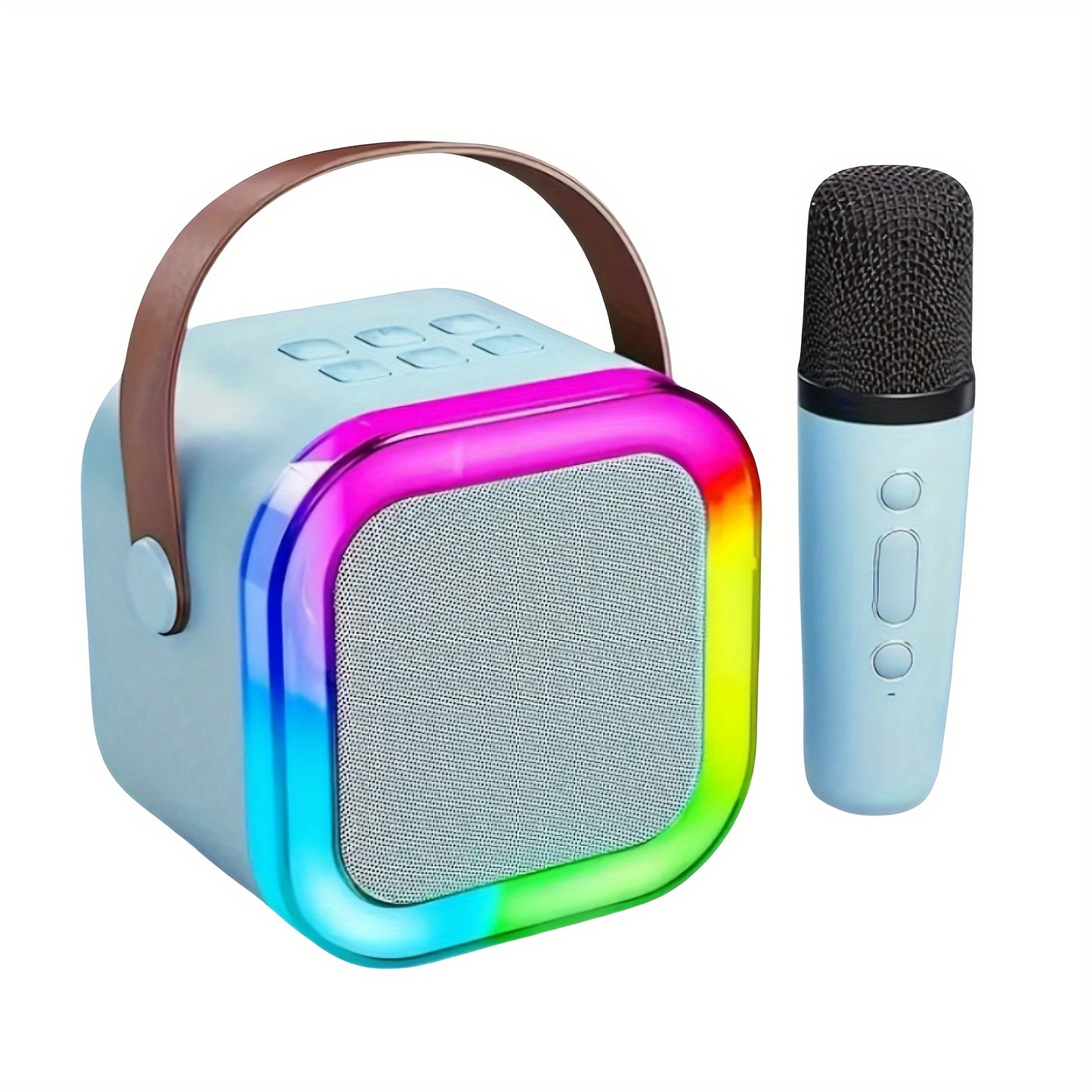 Portable wireless karaoke speaker and microphone set, rechargeable and colorful for adult birthday parties. Ideal for home karaoke systems, featuring modern microphone style and Type-C