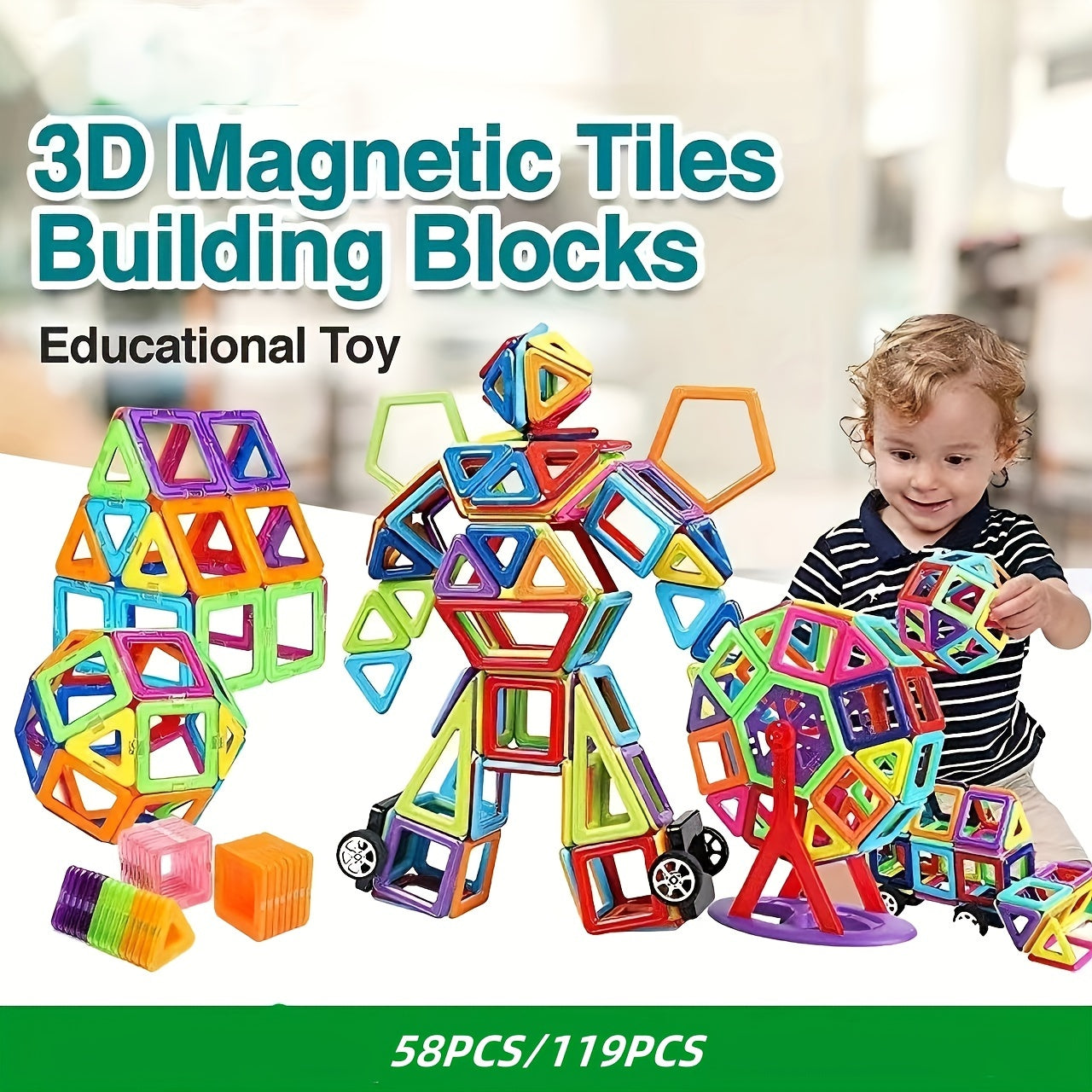 Large magnetic building block set with 58 or 119pcs, perfect for educational play and creativity. Construct various shapes, durable, ideal gift for holidays and birthdays.