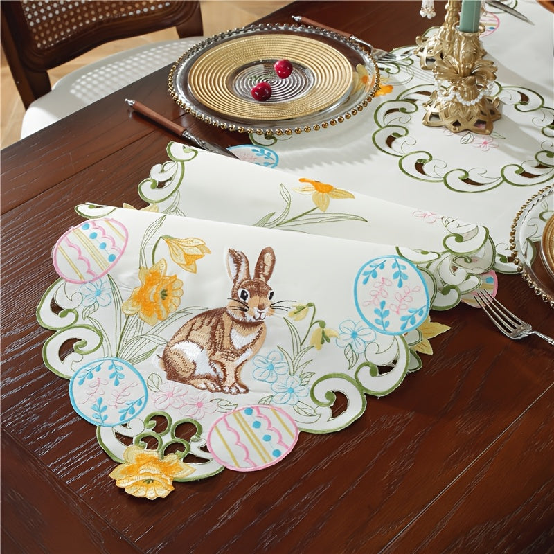 Elegant Easter Bunny & Egg Table Runner: 100% polyester with handcrafted floral design, perfect for Spring celebrations and home decor.