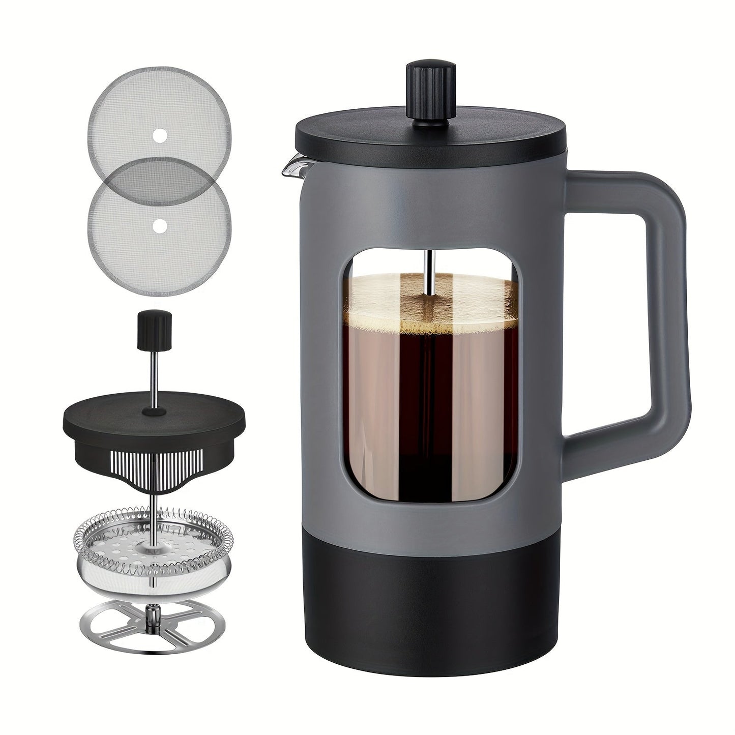 Introducing the French Press Coffee Maker available in three sizes - 350ml, 600ml, and 1L. This modern style coffee maker is constructed with durable glass and stainless steel, featuring a manual operation for a customizable brewing experience. Complete