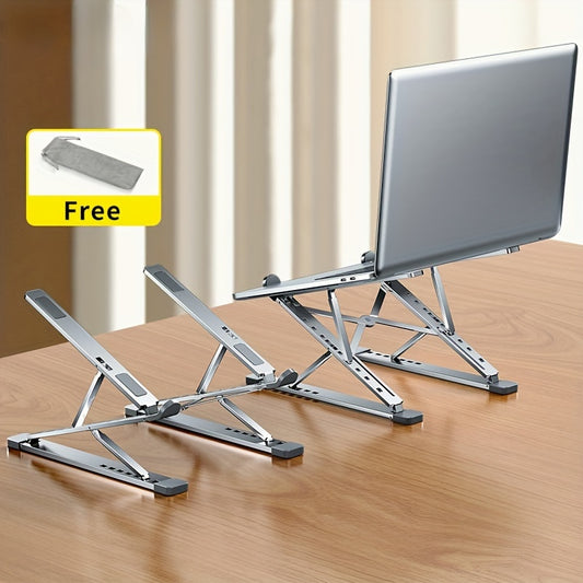 Portable and foldable adjustable aluminum laptop stand for MacBook, PC, tablet, and notebook with secure clamp design. Made of durable aluminum alloy construction. Ideal for office desks.