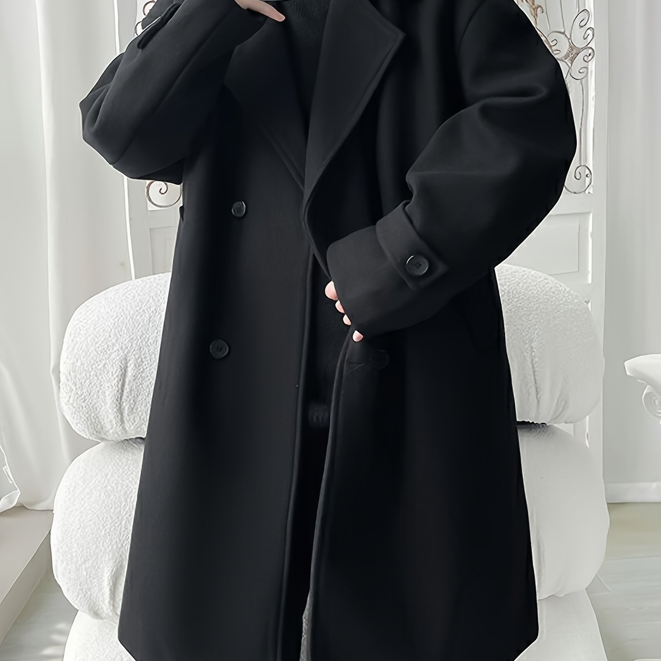 Men's Elegant Double-Breasted Overcoat - Casual Long Coat for Fall & Winter with Solid Color and Open Collar.