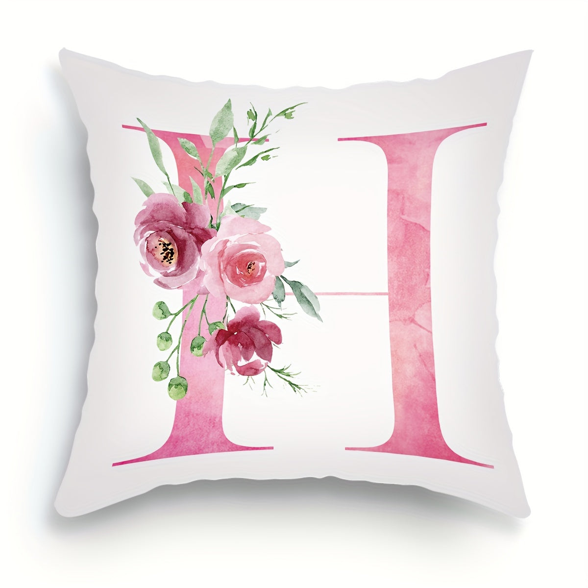 18x18 inch Alphabet Floral Pillow Cover featuring A to Z English Letters in pink print. Ideal for adding a contemporary touch to sofa, living room, or bedroom decor. Single-sided printing, insert not included.