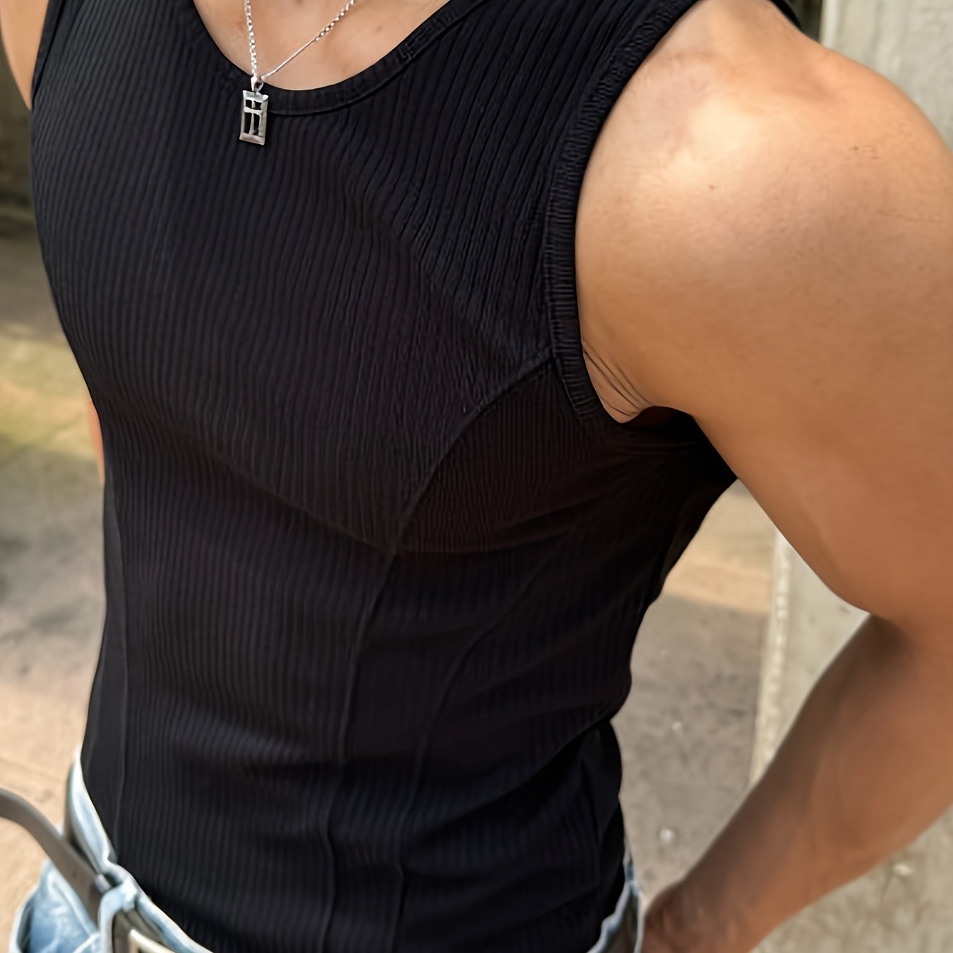 Men's white ribbed tank top made of high-quality polyester, designed for summer with stretch, crew neck, sleeveless, and machine washable.