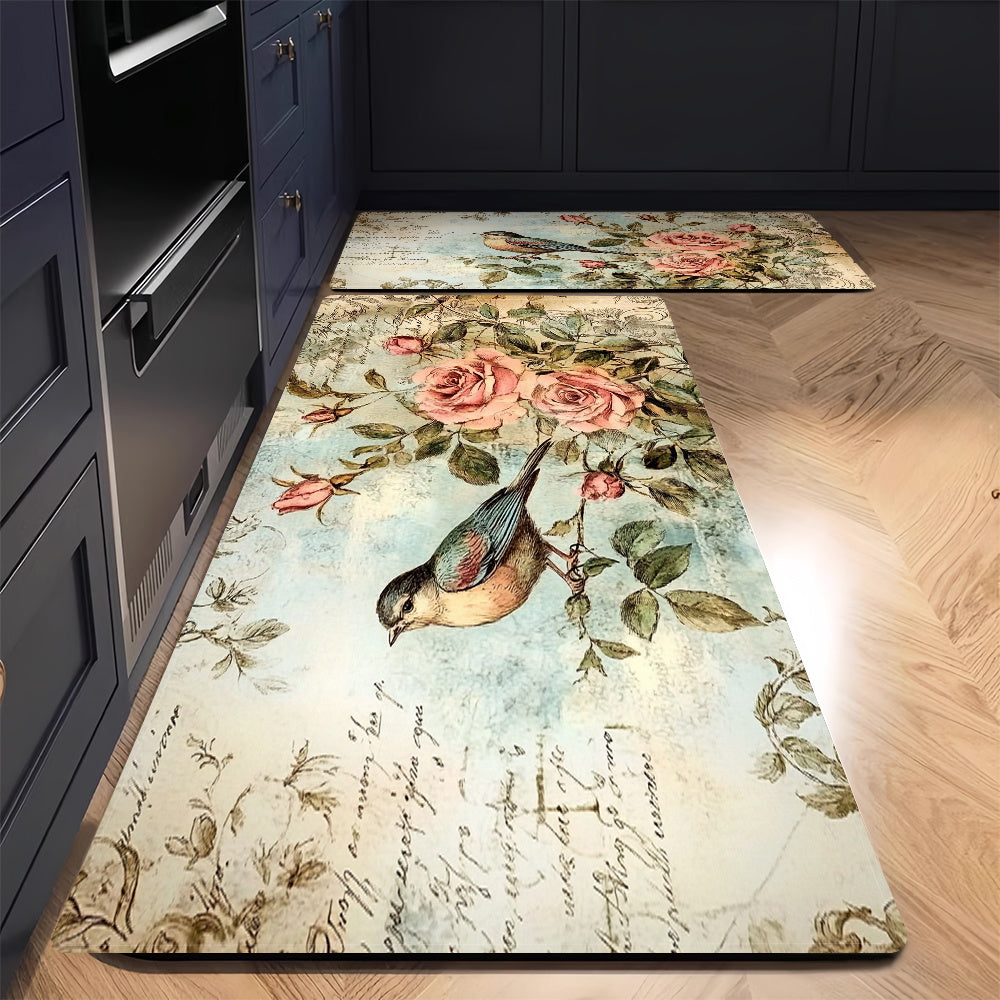 Vintage Rose & Bird Design Anti-Fatigue Kitchen Mat - Waterproof, Soft, Machine Washable Polyester - Non-Slip Mat for Home & Office Use