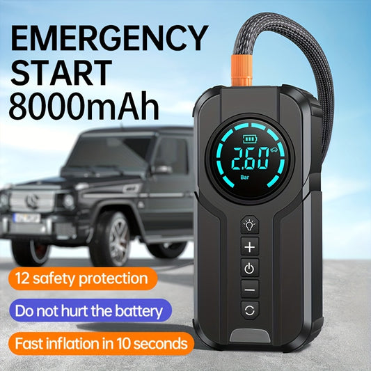 8000mAh emergency car jump starter with digital display, USB-C charging, air compressor, safety protections, fast inflation, rechargeable battery for tire inflation and lighting.