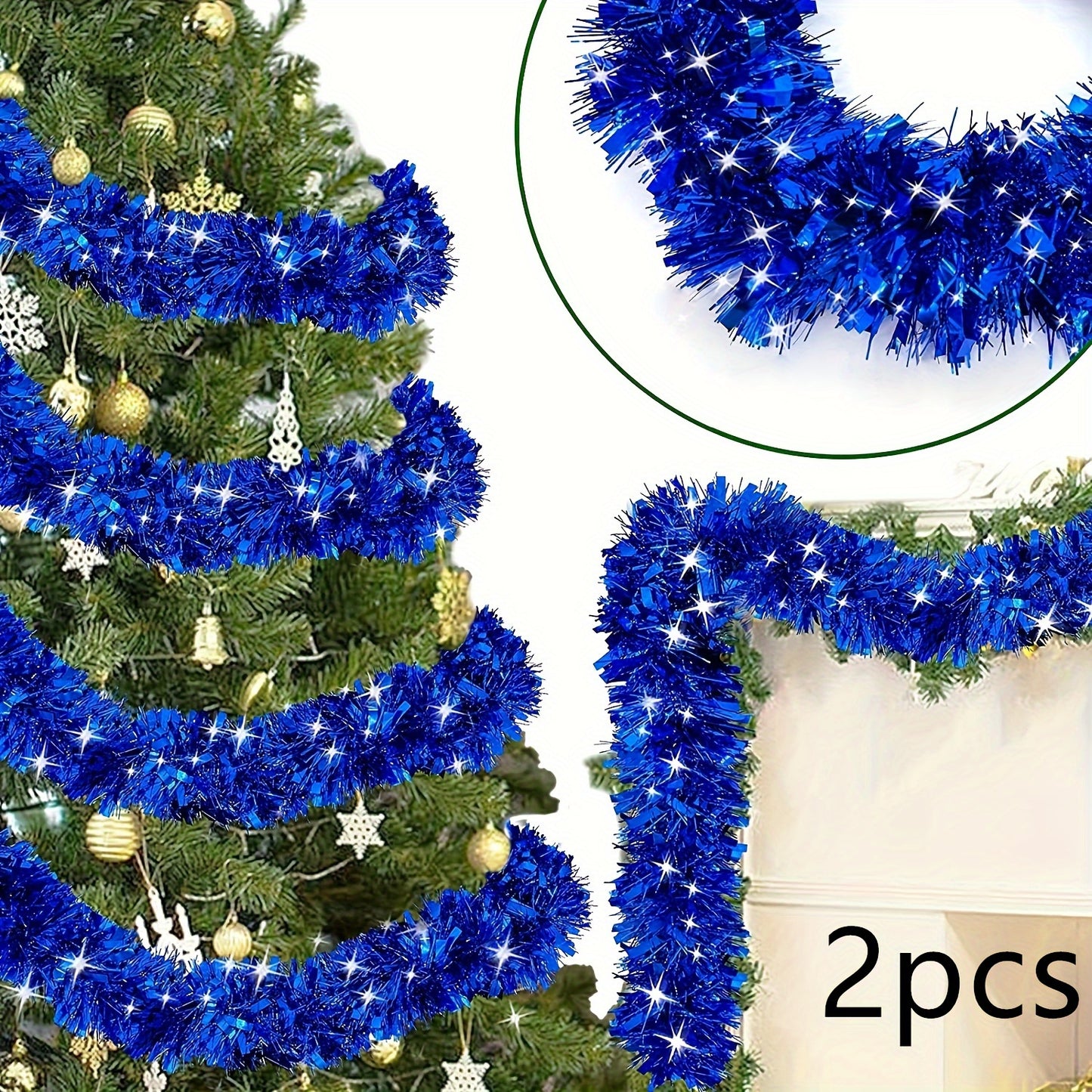 2-Pack of Plastic Tinsel Garlands for Christmas Decor, Suitable for Indoor and Outdoor Use