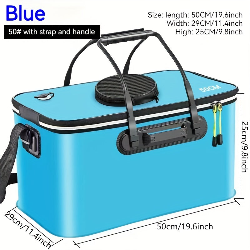 Compact EVA fishing gear bag with collapsible live fish bucket and tackle storage, waterproof and zip closure for camping.