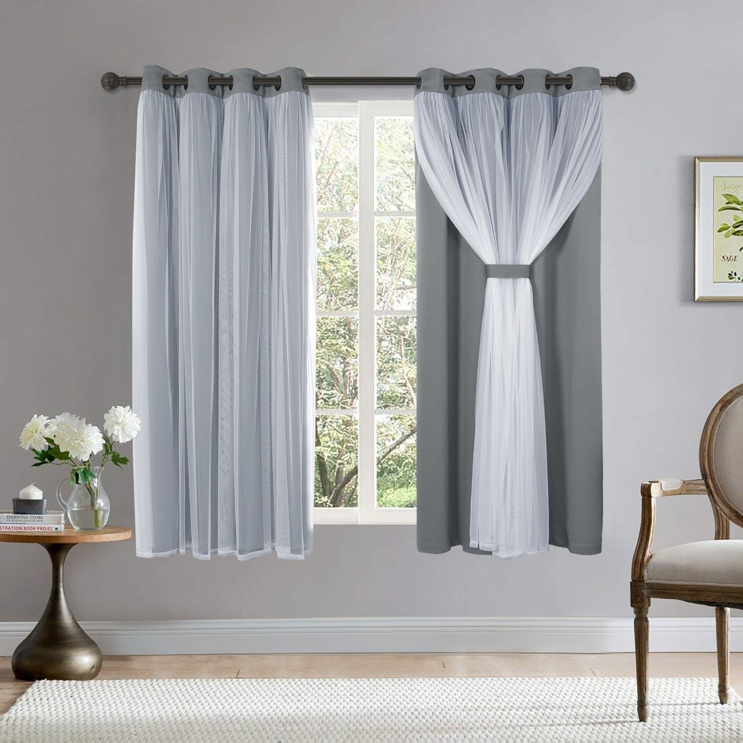 Grey bedroom blackout curtains with white sheer voile double-layered combination, featuring grommet design for easy hanging.