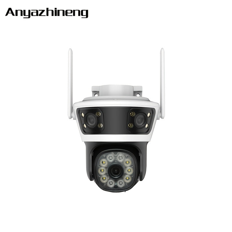 ANYAZHINENG Outdoor Wireless Security Camera is a high-definition 1080p camera with a triple lens for panoramic viewing. It features motion detection, night vision, two-way audio, PTZ capabilities, and can be wall-mounted. Powered by USB and compatible