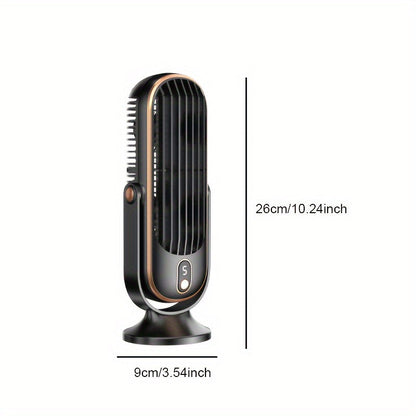 The 1pc Portable Mini Tower Fan is equipped with 5 speed settings, a rechargeable 1200mAh lithium battery, and USB charged wireless operation. Ideal for both indoor and outdoor use, this plastic table fan features a cord and button control for personal