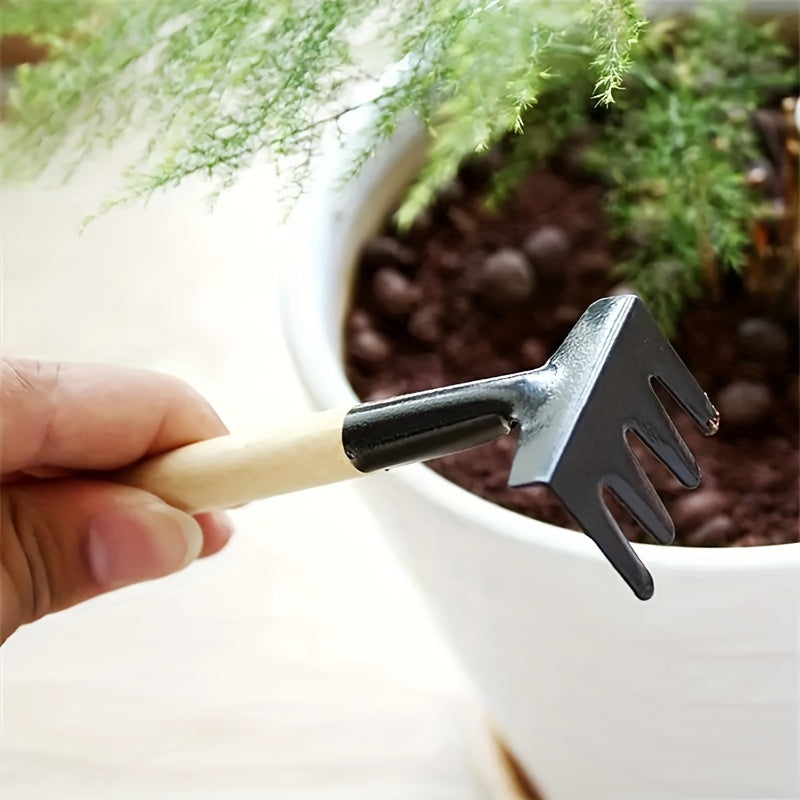 Three-piece set of mini gardening tools: multi-function shovel, harrow shovel, and household plant pine soil shovel.