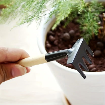 Three-piece set of mini gardening tools: multi-function shovel, harrow shovel, and household plant pine soil shovel.