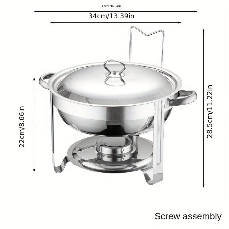 Upgrade your kitchen or catering setup with this 4.5L round stainless steel chafing dish buffet set. Perfect for parties, banquets, and other events, this set includes a tray, pan, lid, and stand for all your serving needs. Get your business supplies and