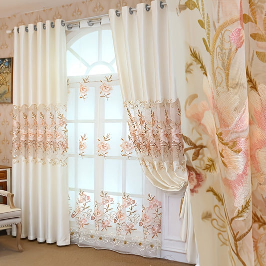 Add a touch of elegance to your living room or bedroom with this beautiful 1pc Pink Floral Embroidered Sheer Curtain. Made of semi-transparent polyester, this curtain features delicate embroidery and eyelets for easy hanging. Machine washable for