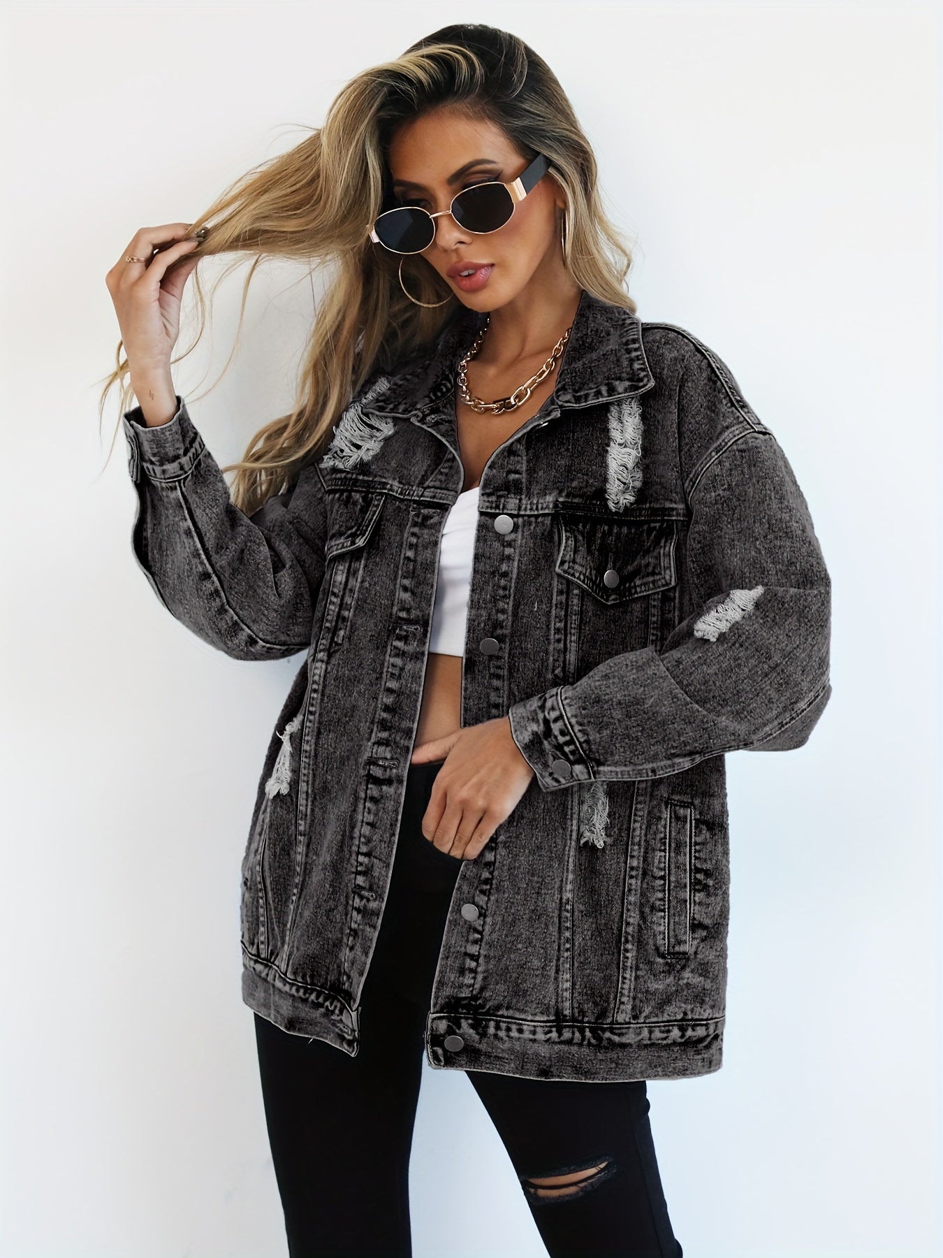 Women's ripped denim jacket