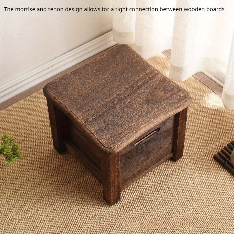 Classic wooden shoe changing stool with storage drawer, dark brown, armless, non-padded.