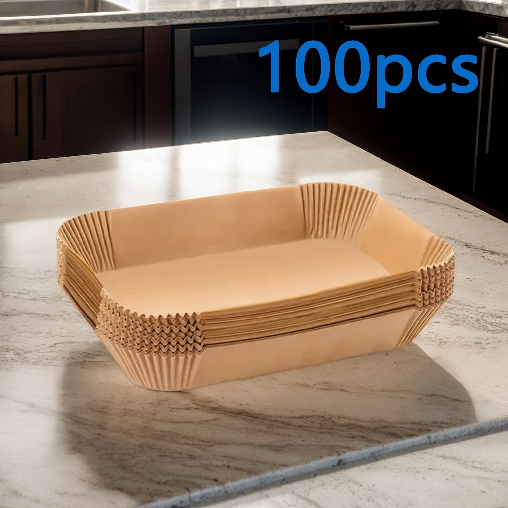 100 pieces of non-stick parchment paper designed for air fryers, these rectangle liners are heat-resistant and food-safe for all your baking and frying needs.