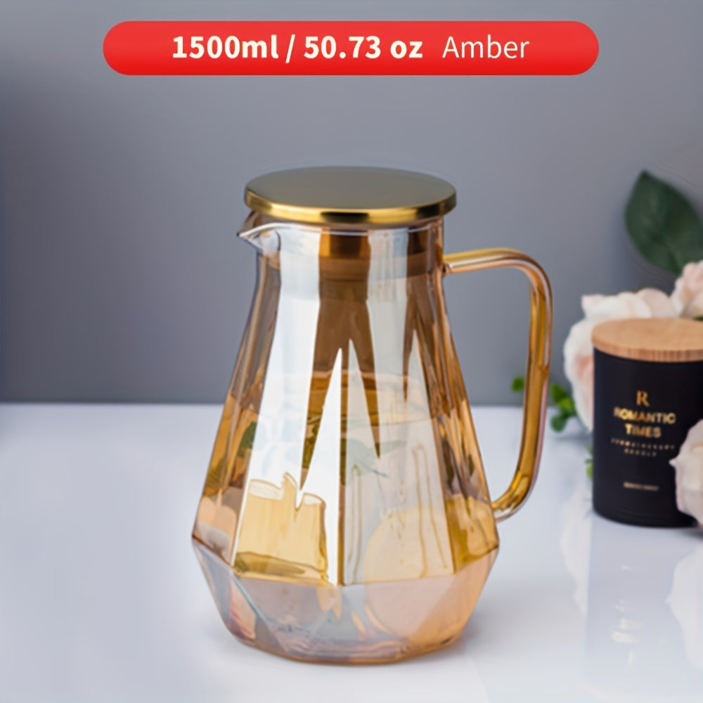 1pc, 1500ml Geometric Glass Pitcher with Lid, Heat Resistant for Hot and Cold Beverages.