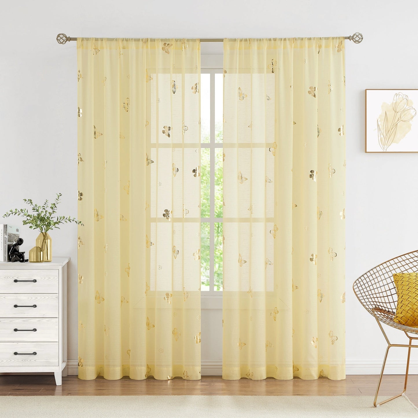 Two pieces of beautiful golden butterfly natural translucent curtains, perfect for adding a flowy and romantic touch to any bedroom or living room. These curtains come in 63, 84, or 95 inches, and feature a linen texture with a bamboo festival yarn