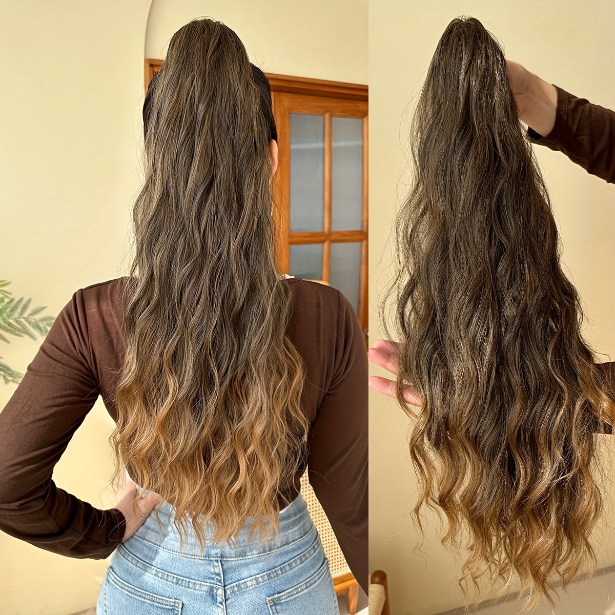 YUSULAXI Women's 24-Inch Long Wavy Drawstring Ponytail Extension made of synthetic high temperature fiber for daily use.