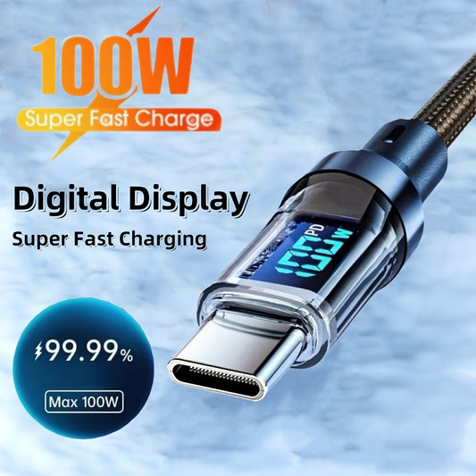 Fast charging Type C cable with digital display, durable nylon, compatible with various mobile phones and tablets, round shape.