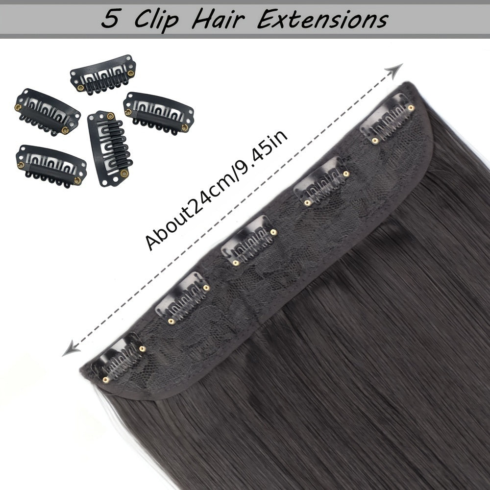 Elegant natural looking synthetic clip-in hair extensions for daily use, 32 inch long straight pieces with 5 clips.