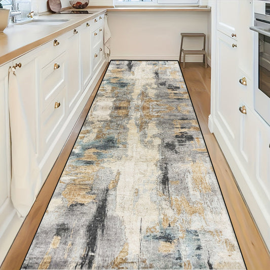 Soft runner rug with a Bohemian style design that is non-slip and water-resistant. This rug is washable with a low pile and irregular shape, featuring a knit weave made of polyester. Perfect for hallways, living rooms, bedrooms, and entryways in villas.