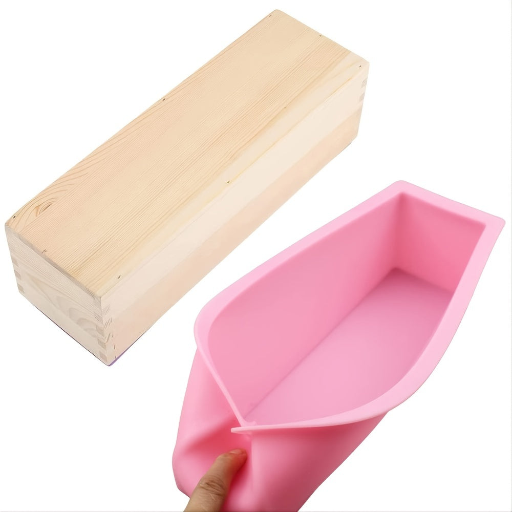 One piece of a 42oz rectangle silicone soap mold with a wooden box, perfect for handmade soap making and DIY soap cake making.