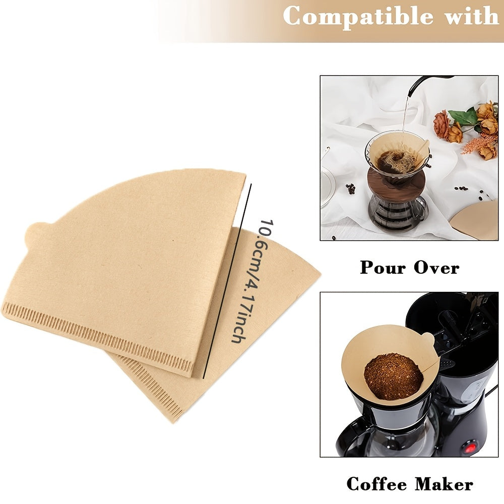 Disposable unbleached natural paper coffee filters for 8-12 cup coffee makers, designed for pour over and drip brewing methods with no blow outs, comes in a pack of 100.