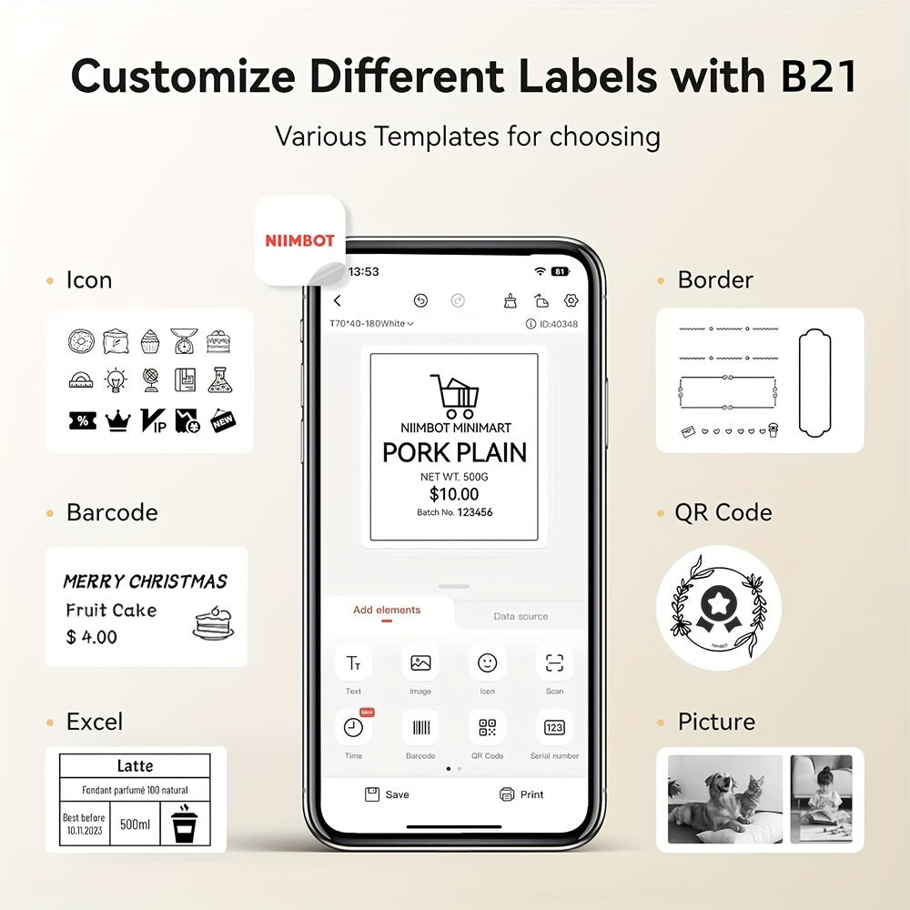 NIIMBOT B21 Label Maker: 5.08 cm Portable Thermal Label Printer with Tape, Compatible with Android, iOS & PC for Home Storage, Office, and Small Business.