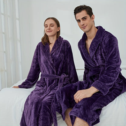 Thickened flannel bathrobe for autumn/winter, cozy unisex nightwear for home.