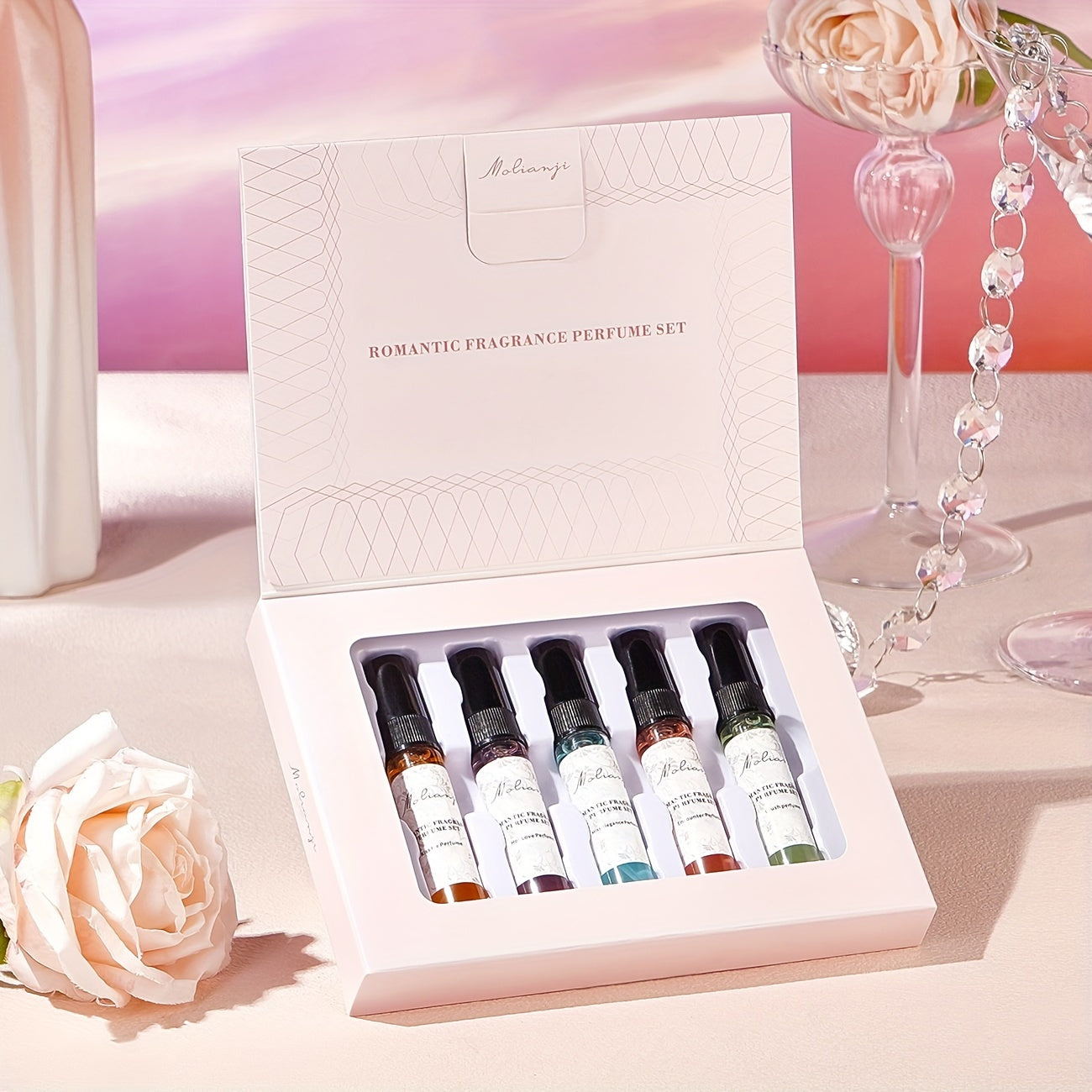 5-piece gift set of elegant women's perfume with long-lasting floral scents, alcohol-infused, ideal for daily wear and travel. Includes 10ml portable spray bottles of designer fragrance.