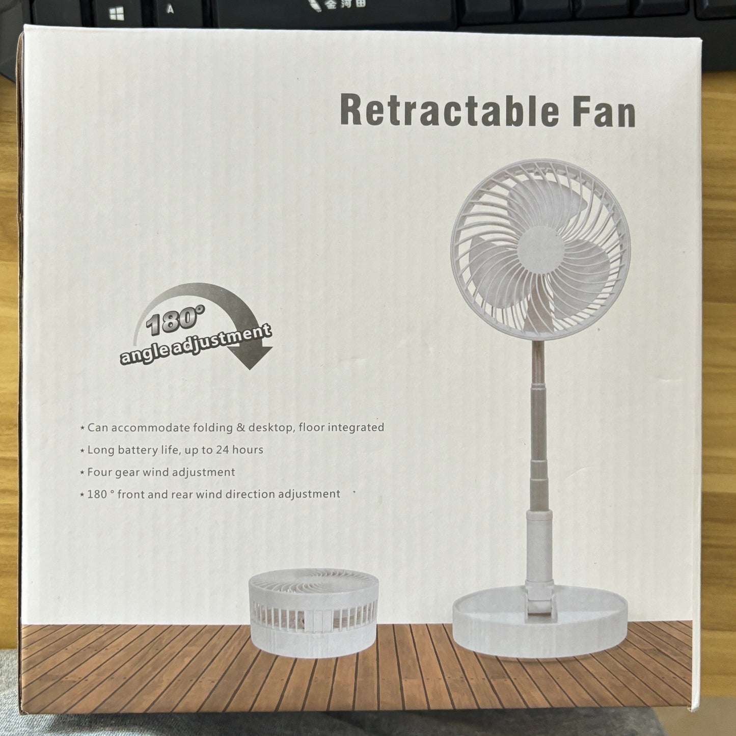 A convenient and adaptable mini fan that charges via USB and features a telescopic design. This portable and foldable white desk fan comes with a remote control, making it perfect for dorms and outdoor activities. The fan includes a power cable and can