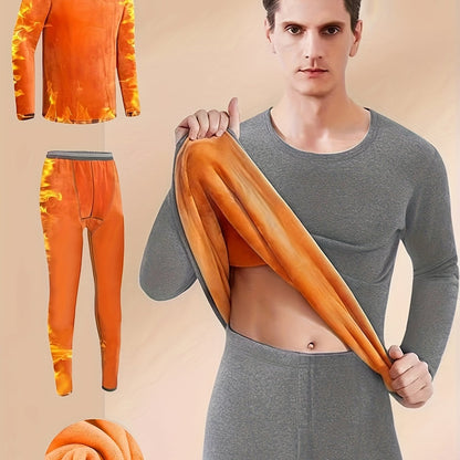 Winter thermal underwear set for men, includes ultra-thick fleece long sleeve top and pants, provides warmth and coziness for middle-aged to elderly.