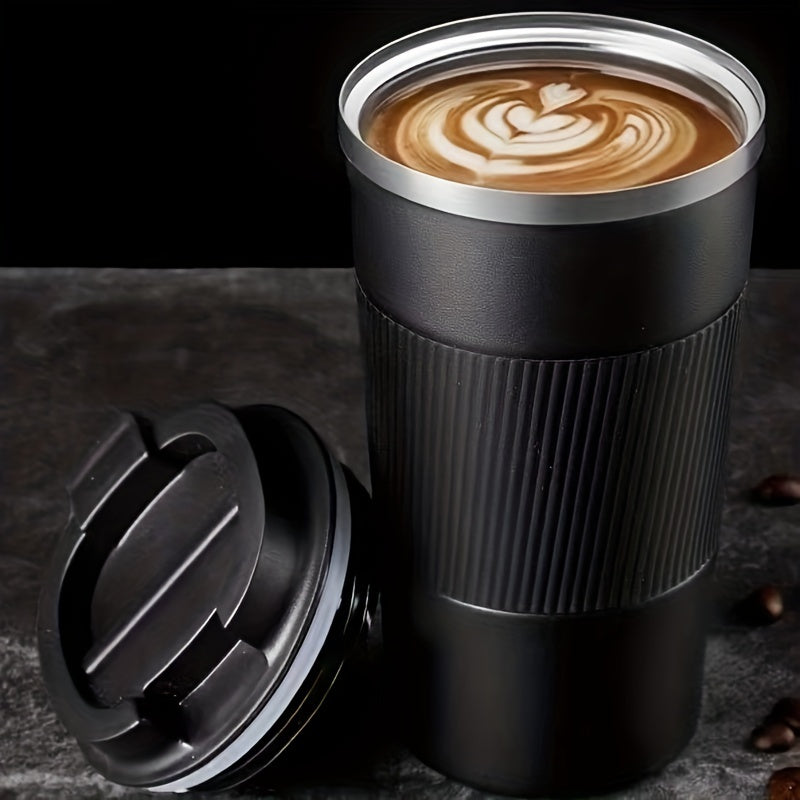 Stainless steel travel mug, available in 12.85oz or 17.25oz sizes. Features vacuum insulation for keeping drinks hot or cold, spill-proof leakproof lid, and double-walled design. Perfect for coffee, tea, or beer on-the-go. Reusable and durable.